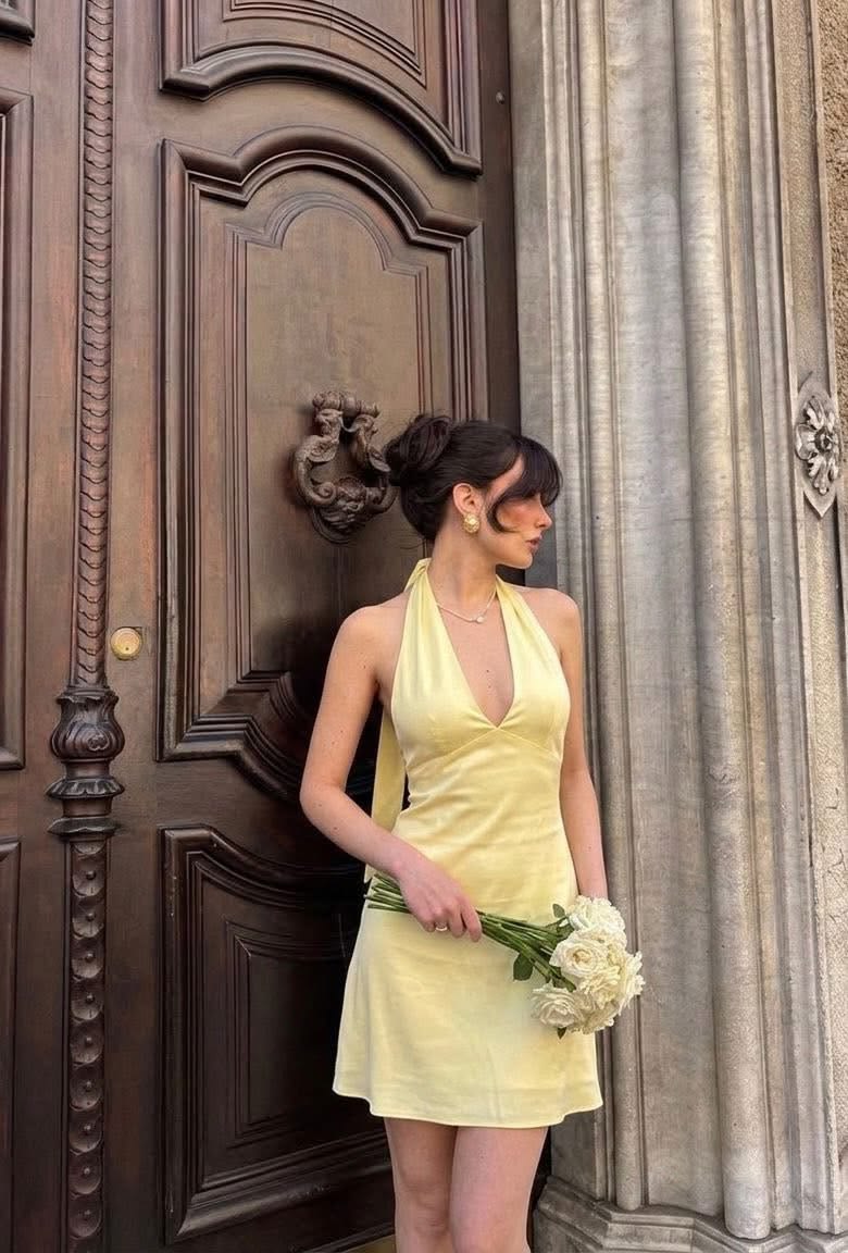Chic Halter Sheath Chiffon Birthday Dress Yellow Short Homecoming Dress ED08379