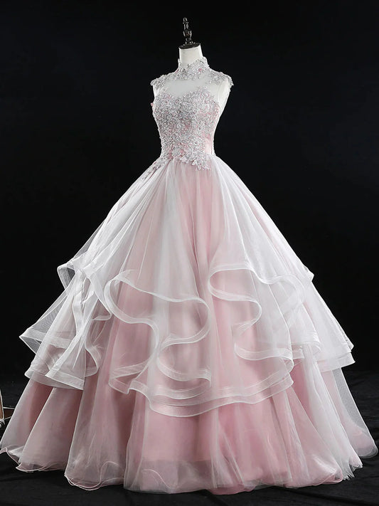 Pink A Line Tulle Lace Long Prom Dress, Pink Sweet 16 Dress ED0839