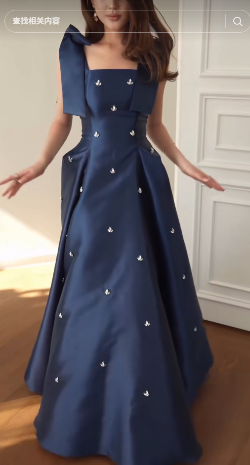 Elegant Navy Blue Wedding Guest Dress V-neck A-Line Satin Long Evening Dress ED08409