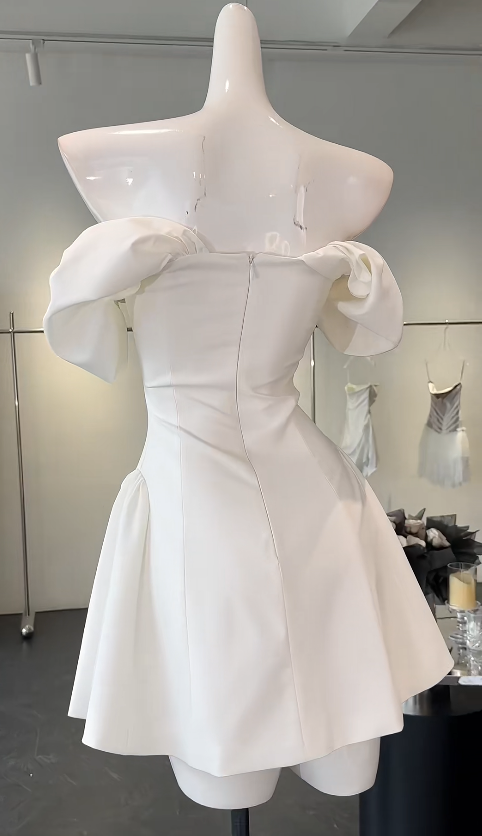 Simple Off-shoulder Summer Dress A-Line Satin Birthday Dress White Party Outfit ED08415