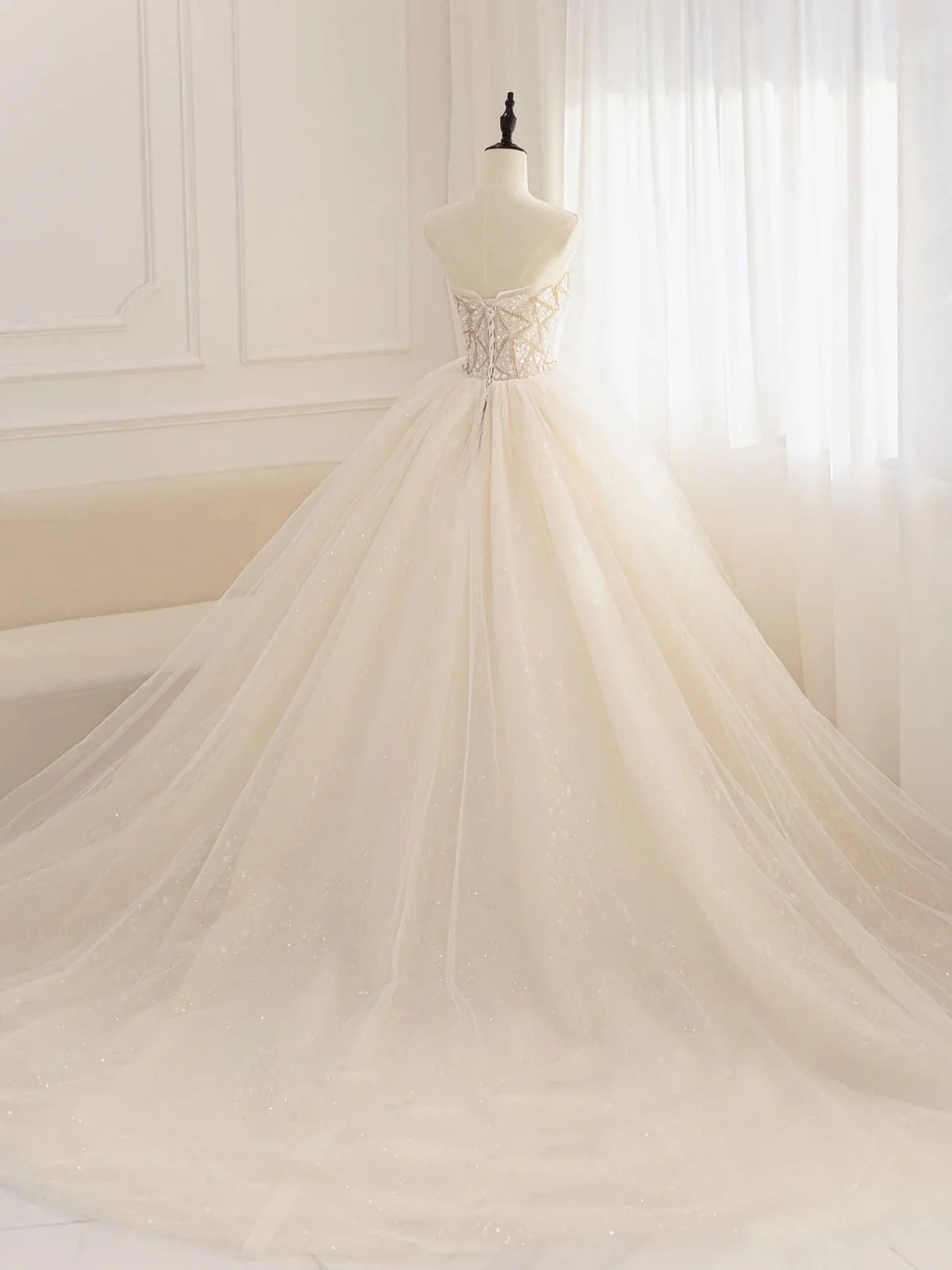 Champagne tulle sequin beads long prom dress, champagne evening dress ED0842