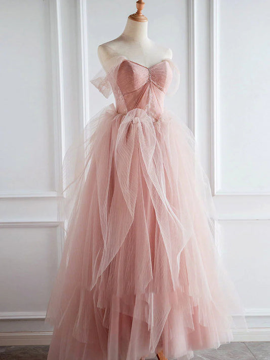 Flesh pink sweetheart neck tulle long prom dress, pink tulle formal dress ED0844
