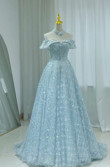 Cute Off-shoulder A-Line Tulle Long Evening Dress Beaded Blue Prom Dress ED08442