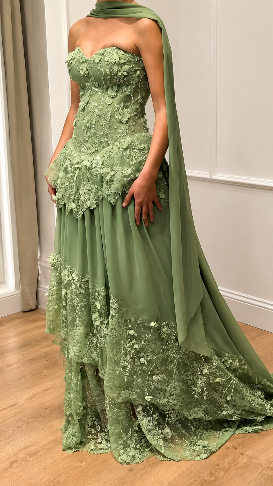 Chic Sweetheart Sheath Chiffon Lace Long Evening Dress Applique Green Prom Dress ED08453