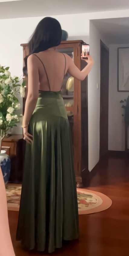 Chic Spaghetti Straps Sheath Satin Long Evening Dress Green Wedding Guest Dress ED08455