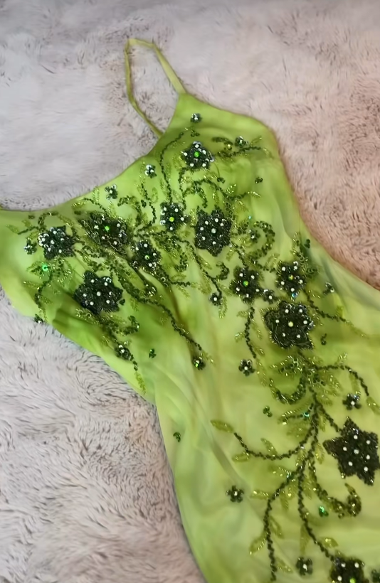 Chic Spagehtti Straps Sheath Beaded Chiffon Long Evening Dress Green Prom Dress ED08458