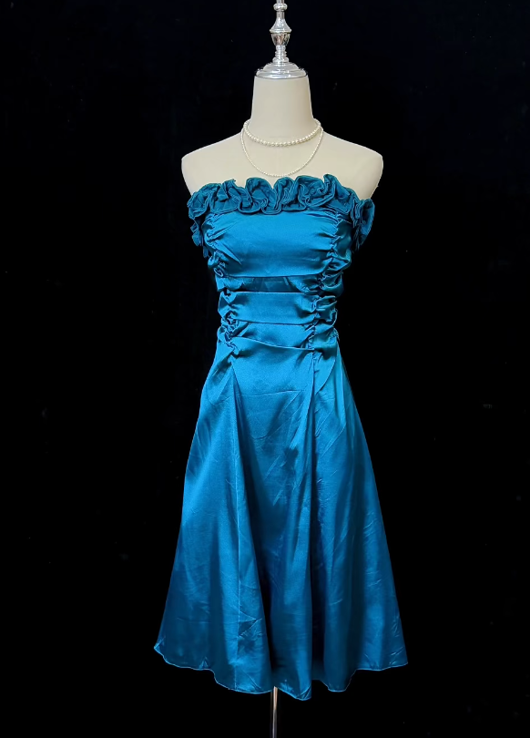 Sexy Strapless Birthday Dress Satin Sheath Party Dress Blue Homecoming Dress ED08472