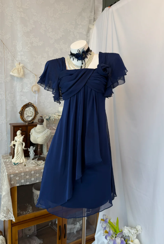 Chic Square Neck Birthday Dress Chiffon Sheath Party Dress Navy Blue H – EvaFashionDress