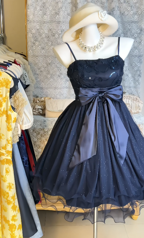 Cute Midnight Blue Summer Dress Spaghetti Straps A-Line Chiffon Birthday Dress Sleeveless Party Dress ED08481