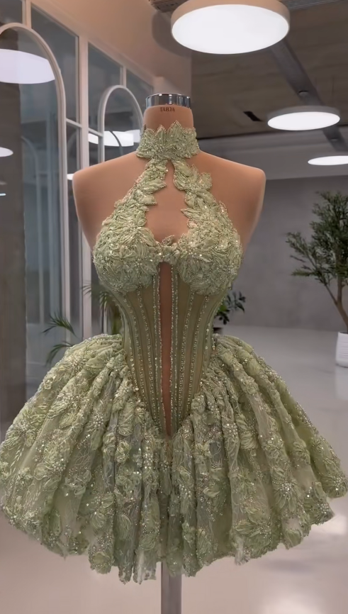 Chic Halter Birthday Dress Lace Applique A-Line Party Dress Green Short Homecoming Dress ED08488