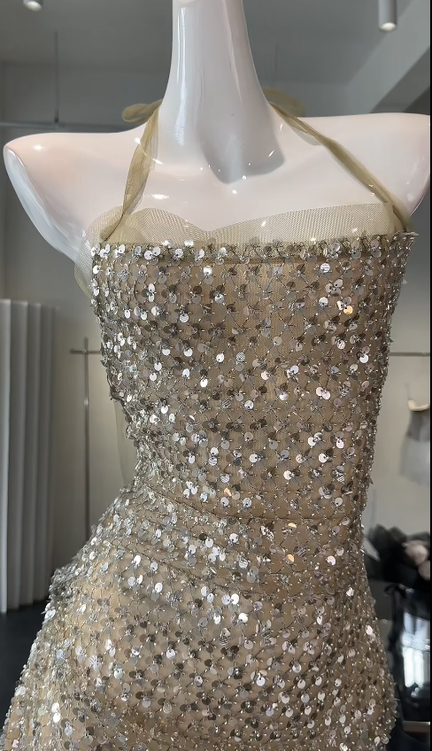 Fashion Halter Sheath Summer Short Dress Sequins Gold Vacation Dress ED08495