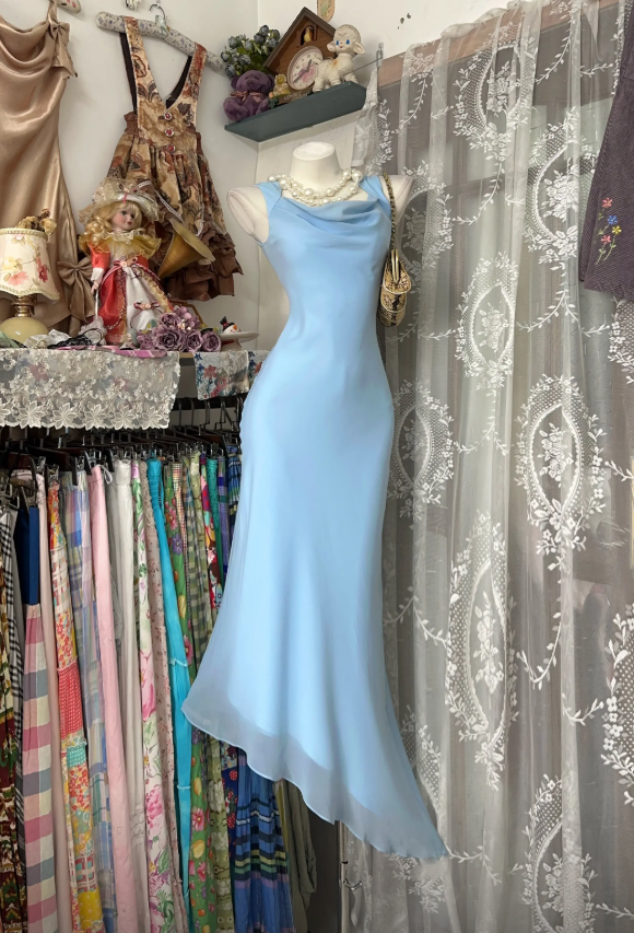 Cute Straps Sheath Chiffon Evening Dress Blue Prom Dress ED08508