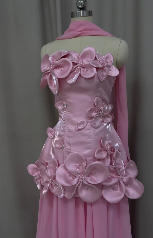 Cute Strapless Sheath Satin Chiffon Evening Dress Pink Prom Dress ED08511