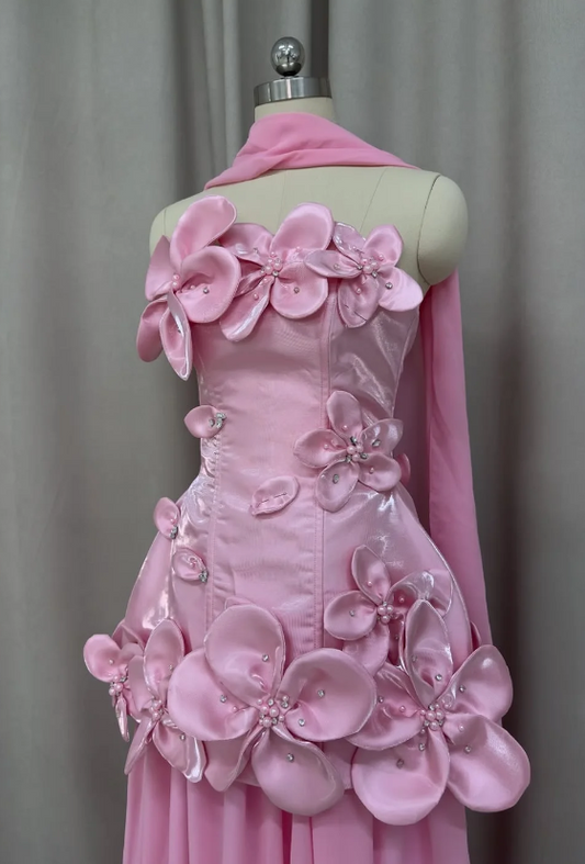 Cute Strapless Sheath Satin Chiffon Evening Dress Pink Prom Dress ED08511