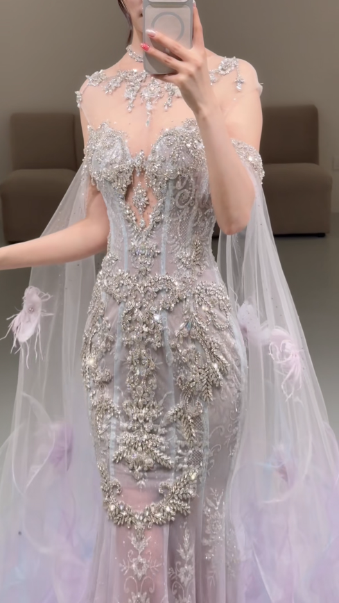 Chic Off-shoulder Mermaid Beaded Tulle Long Evening Dress Light Purple Prom Dress ED08530
