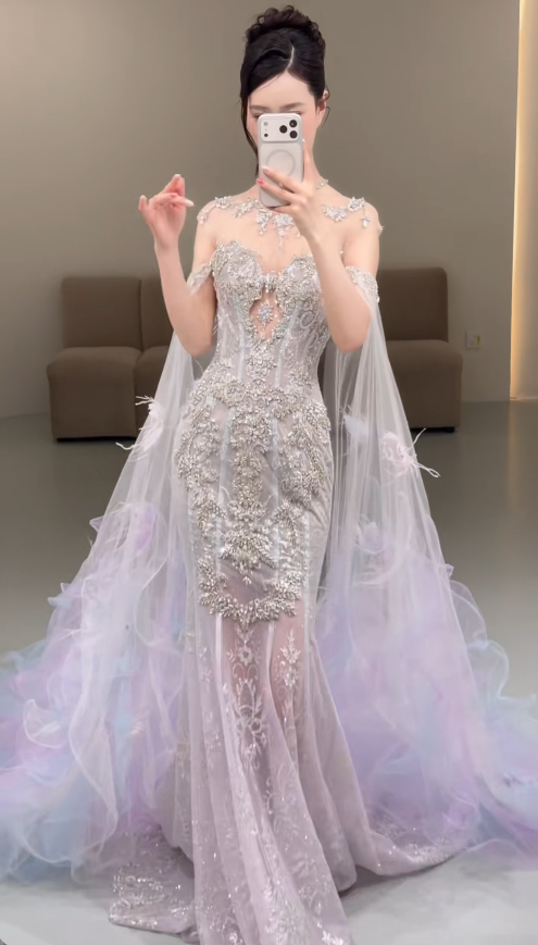 Chic Off-shoulder Mermaid Beaded Tulle Long Evening Dress Light Purple Prom Dress ED08530
