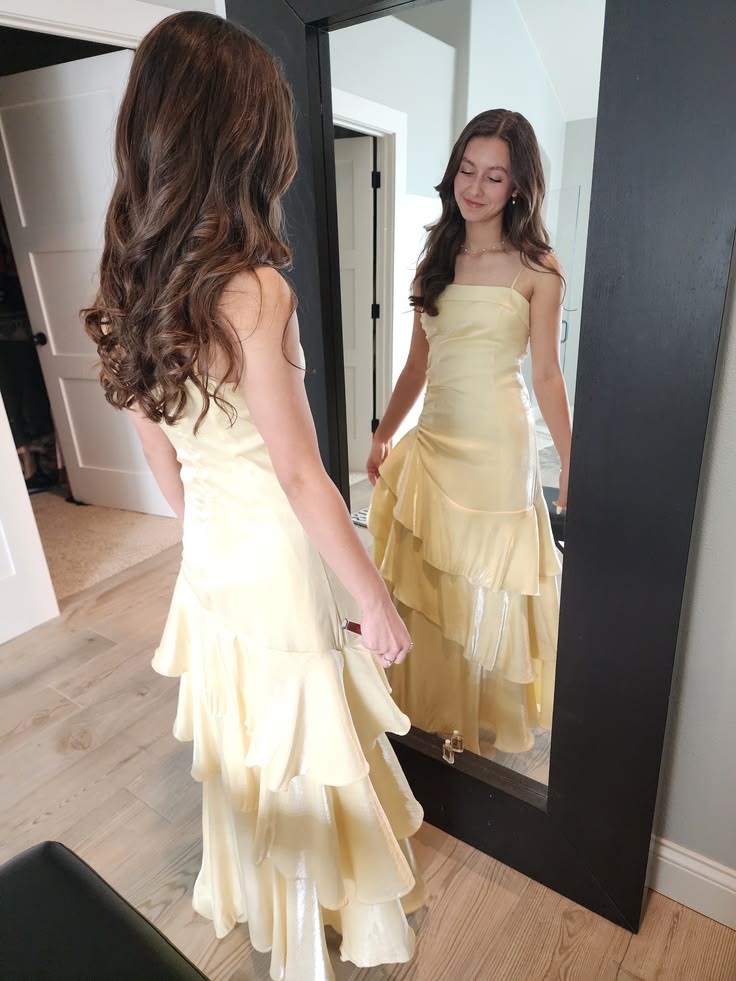 Chic Spaghetti Straps Sheath Satin Long Evening Dress Yellow Prom Dress ED08534