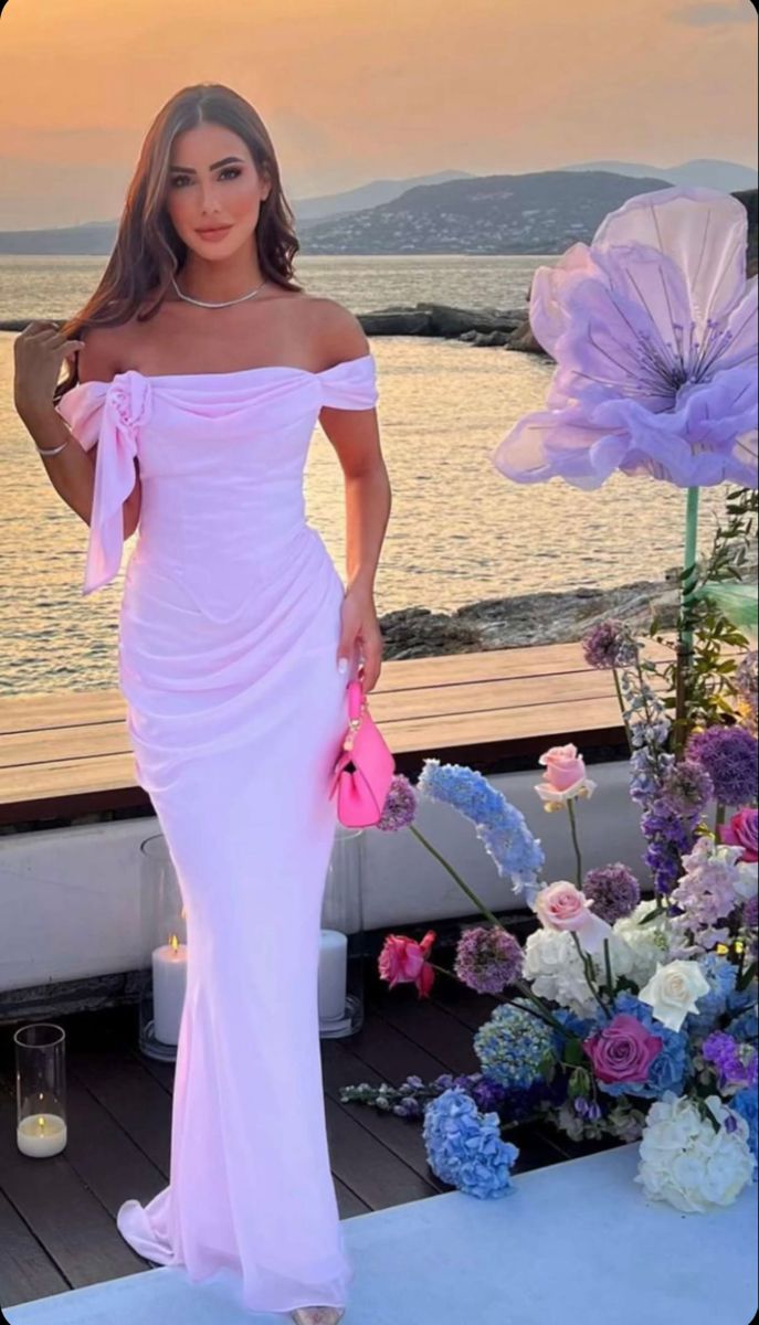 Simple Pink Wedding Guest Dress Off-shoulder Sheath Chiffon Long Evening Dress ED08537
