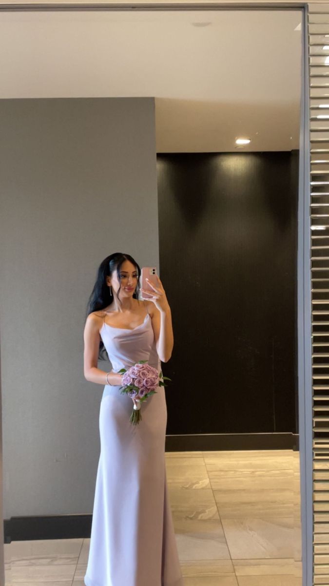Simple Lavender Wedding Guest Dress Spaghetti Straps Sheath Chiffon Long Evening Dress ED08643