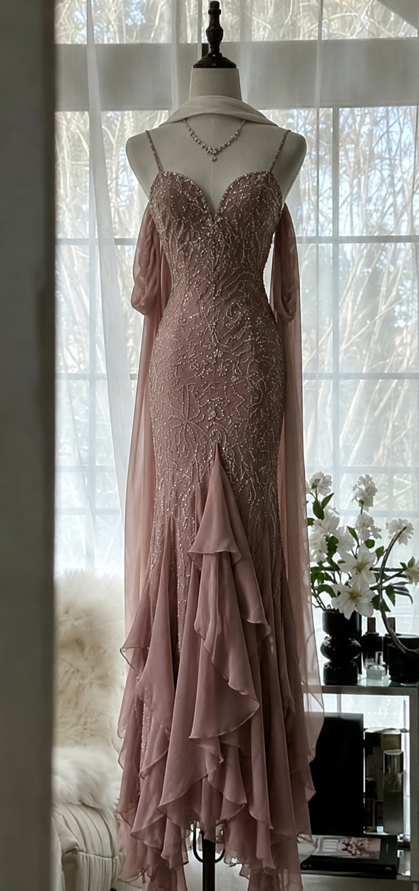 Chic Spaghetti Straps Mermaid Beaded Chiffon Long Evening Dress Pink Prom Dress ED08647