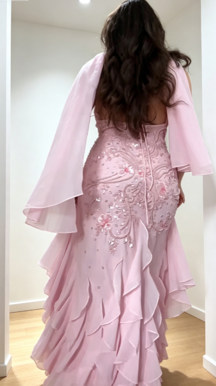 Chic Spaghetti Straps Sheath Beaded Chiffon Long Evening Dress Pink Prom Dress ED08660