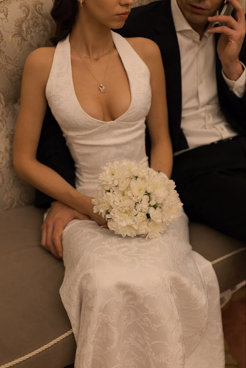 Chic Halter Sheath Wedding Dress Satin Bridal Dress White Bridal Gown ED08669