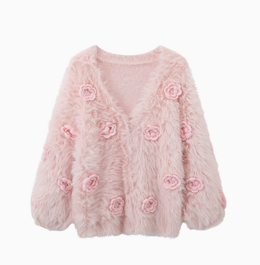 Loose and slim long sleeve V-neck three-dimensional flower fashionable velvet sweater  ED0867