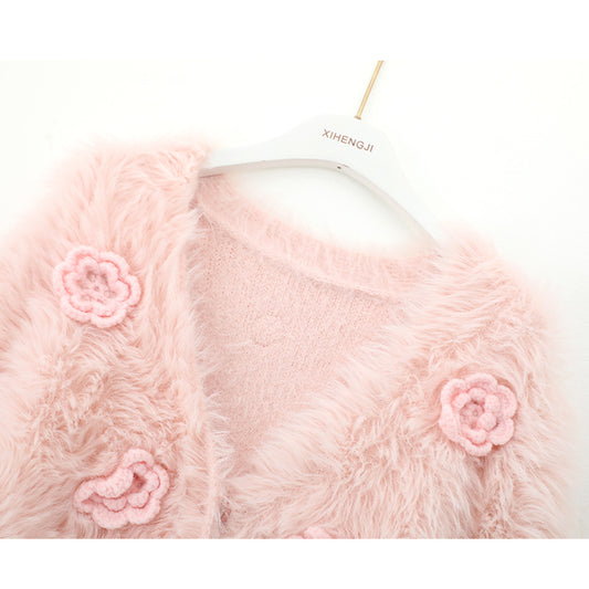 Loose and slim long sleeve V-neck three-dimensional flower fashionable velvet sweater  ED0867