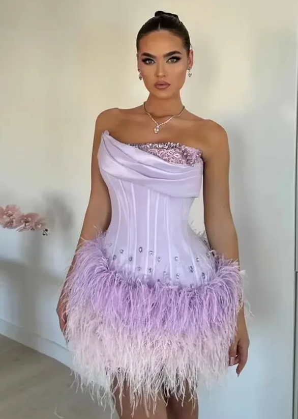 Fashion Lavender Homecoming Dress Strapless Sheath Satin Summer Vacation Dress Sleeveless Party Dress ED08702