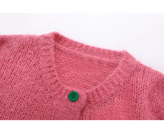 Pink Colorful Button Crewneck Knit Cardigan ED0870