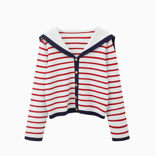 Navy collar cape top with striped sweater and cardigan ED0871