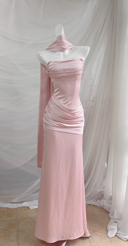 Classy Pink Prom Dress Strapless Sheath Satin Long Evening Dress ED08734