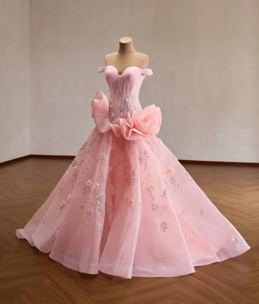 Chic Off-shoulder A-Line Tulle Long Evening Dress Pink Prom Dress ED08737