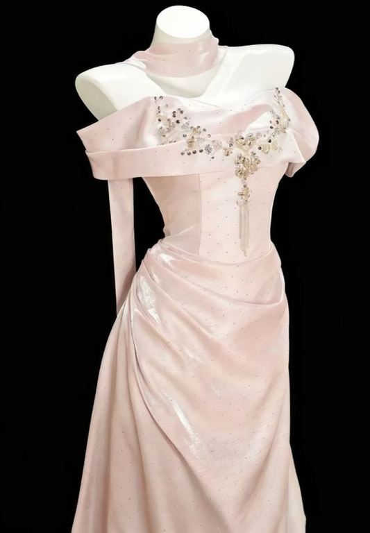 Chic Off-shoulder Sheath Satin Long Evening Dress Light Pink Prom Dress ED08745