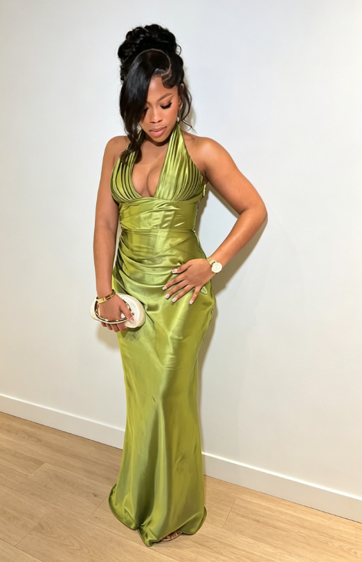 Elegant Green Long Evening Dress Halter Sheath Satin Prom Dress ED08794