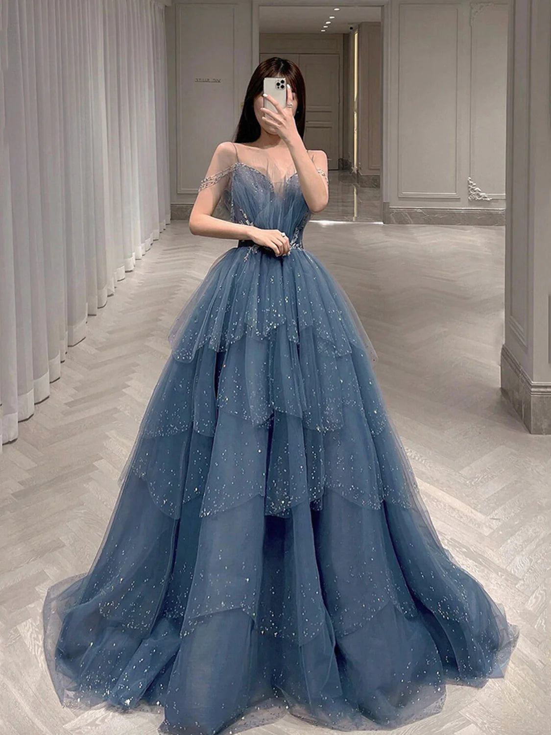 Dusty Blue Tulle Sequin Long Prom Dress, Gray Blue Tulle Formal Dress ED0881