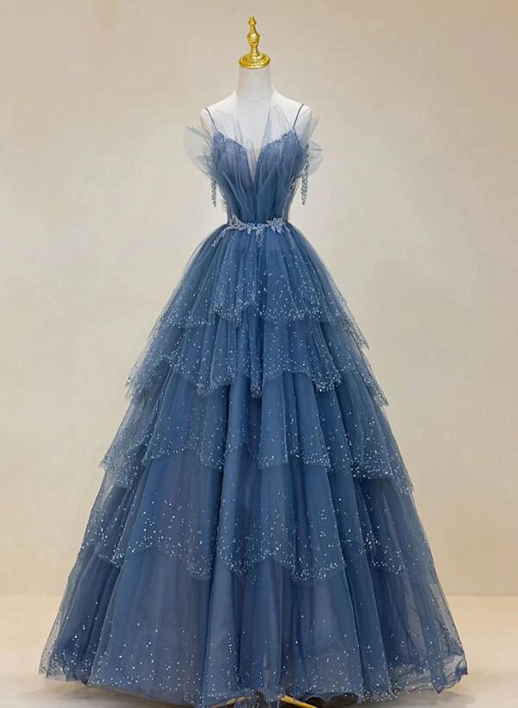Dusty Blue Tulle Sequin Long Prom Dress, Gray Blue Tulle Formal Dress ED0881