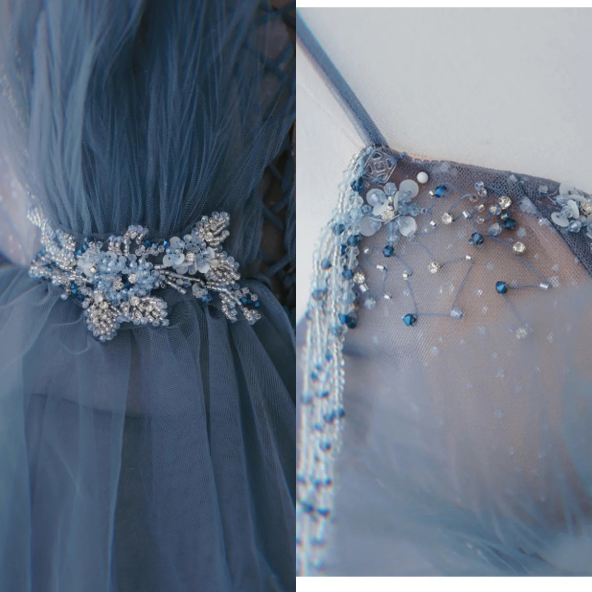 Dusty Blue Tulle Sequin Long Prom Dress, Gray Blue Tulle Formal Dress ED0881