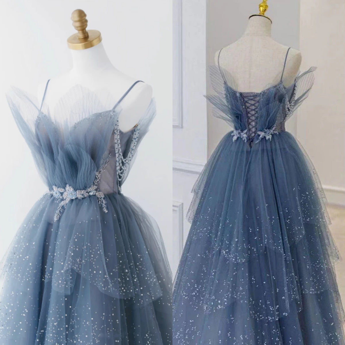 Dusty Blue Tulle Sequin Long Prom Dress, Gray Blue Tulle Formal Dress ED0881
