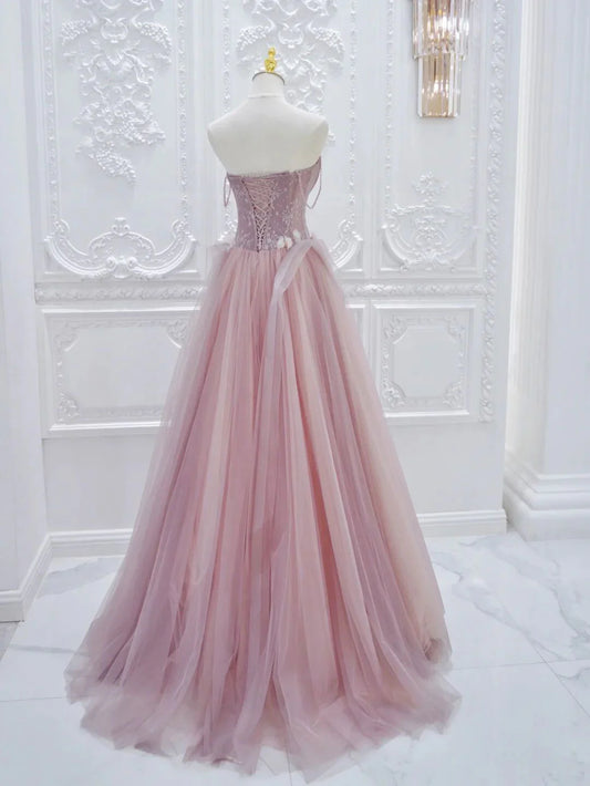 Pink A line Tulle Lace Long Prom Dress, Pink Tulle Formal Dress ED0884