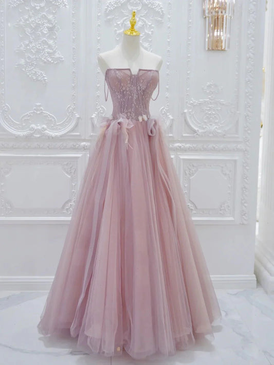 Pink A line Tulle Lace Long Prom Dress, Pink Tulle Formal Dress ED0884