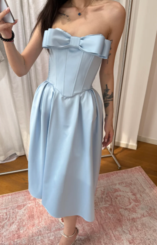 Robe de soirée élégante bleu en forme trapèze, bustier en satin, robe de cérémonie ED08844