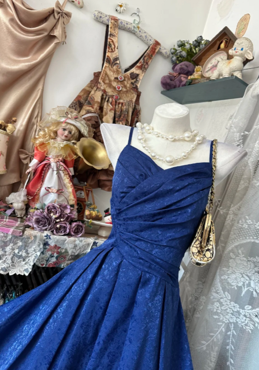Robe de soirée chic bleue ligne A, bretelles spaghetti en mousseline, ED08845