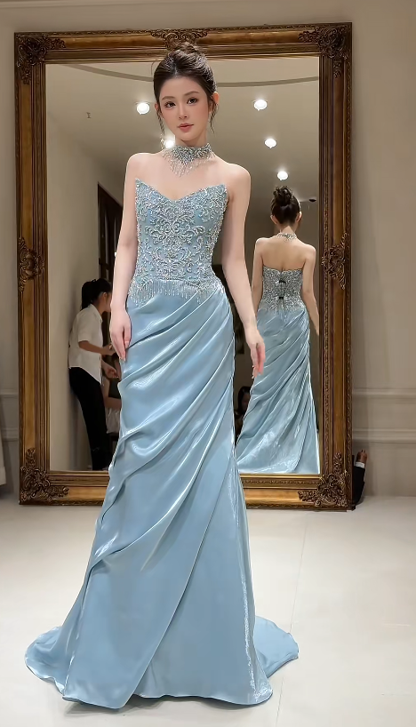 Chic Blue Evening Dress Sweetheart Sheath Satin Beaded Long Prom Dress ED08848