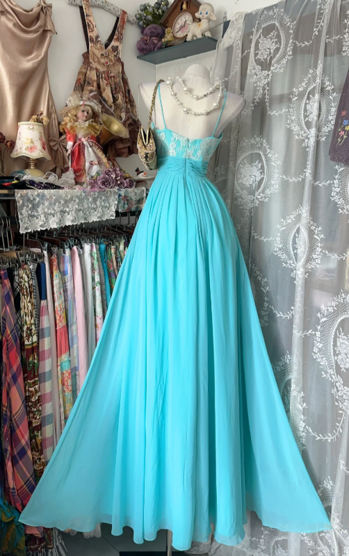 Chic Blue Evening Dress Straps Sheath Chiffon Long Prom Dress ED08852