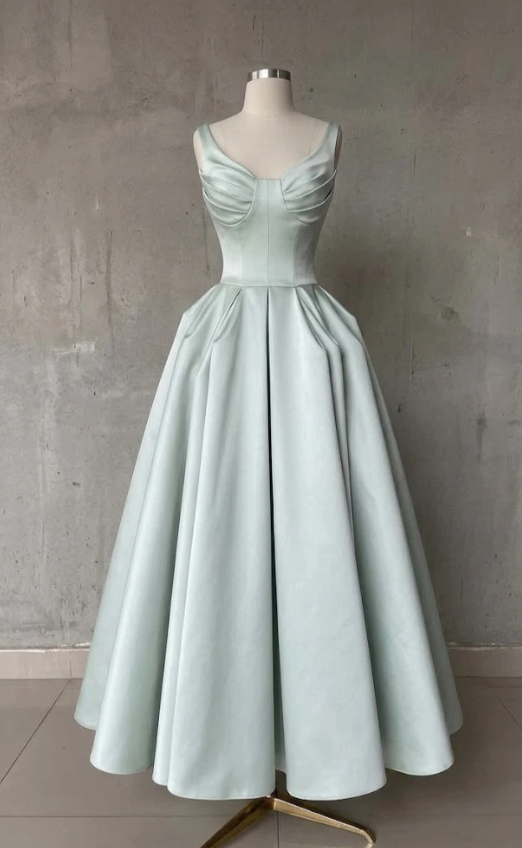 Glam Green Birthday Dress Straps A-Line Satin Long Prom Dress ED08857
