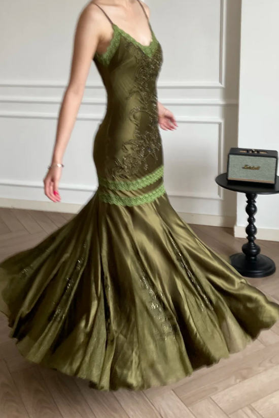 Glam Dark Green Evening Dress Straps Sheath Satin Long Prom Dress ED08859