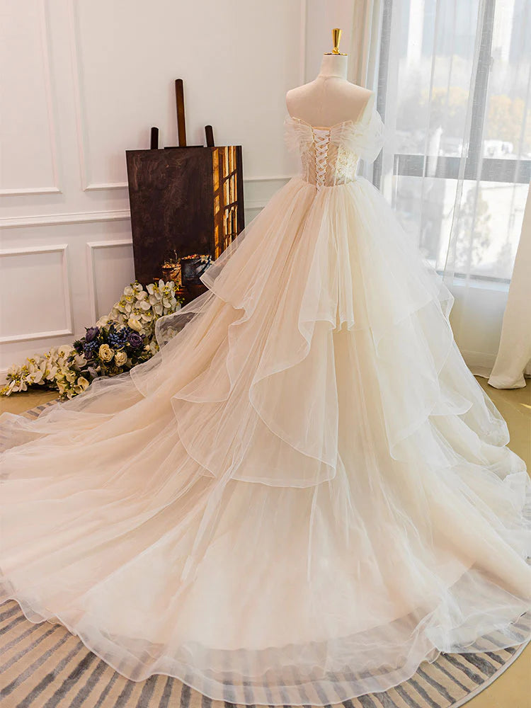 Champagne Sweetheart Neckline Tulle Lace Long Wedding Dress, Lace Bridal Dress ED0886