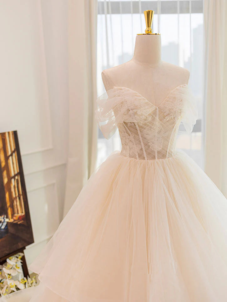 Champagne Sweetheart Neckline Tulle Lace Long Wedding Dress, Lace Bridal Dress ED0886