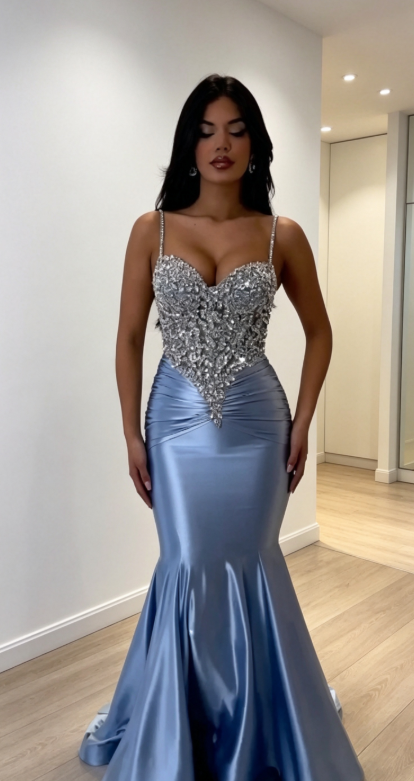 Chic Spaghetti Straps Mermaid Blue Long Evening Dress Satin Beaded Prom Dress ED08887